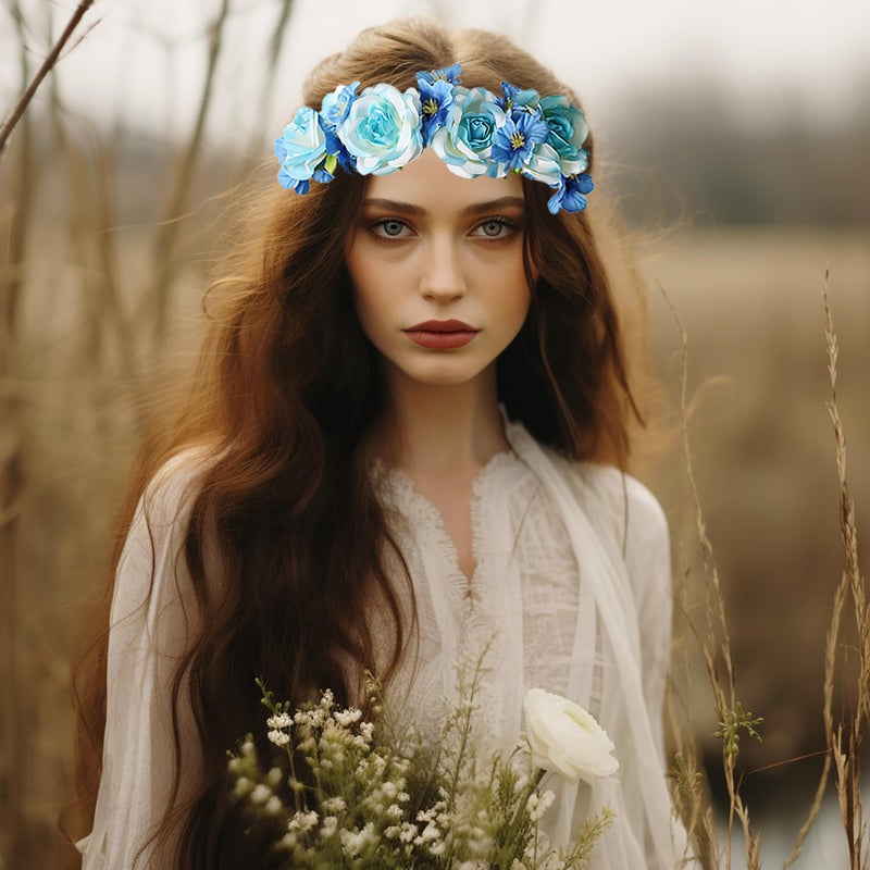 Vivivalue Rose Flower Crown Boho Flower Headband Hair Wreath Floral Headpiece Halo with Ribbon Wedding Party Festival Photos Blue - Image 4